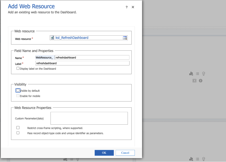 Adding the web resource to the dashboard