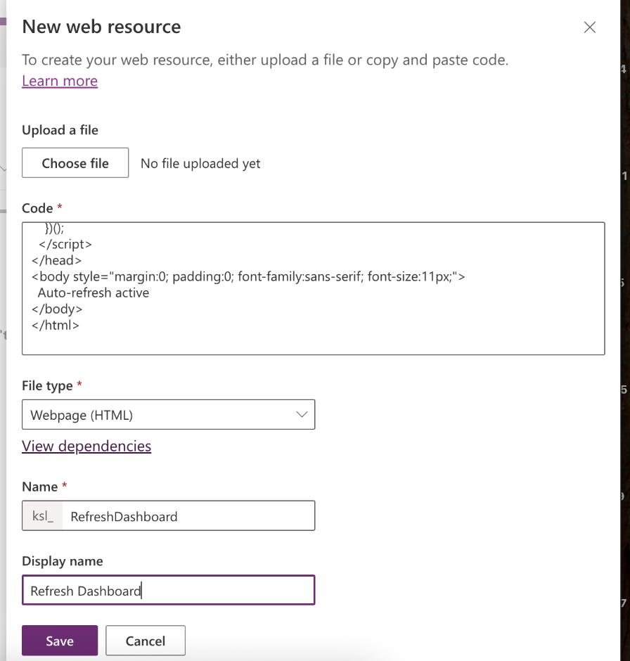 Configuration of an HTML web resource in Dataverse